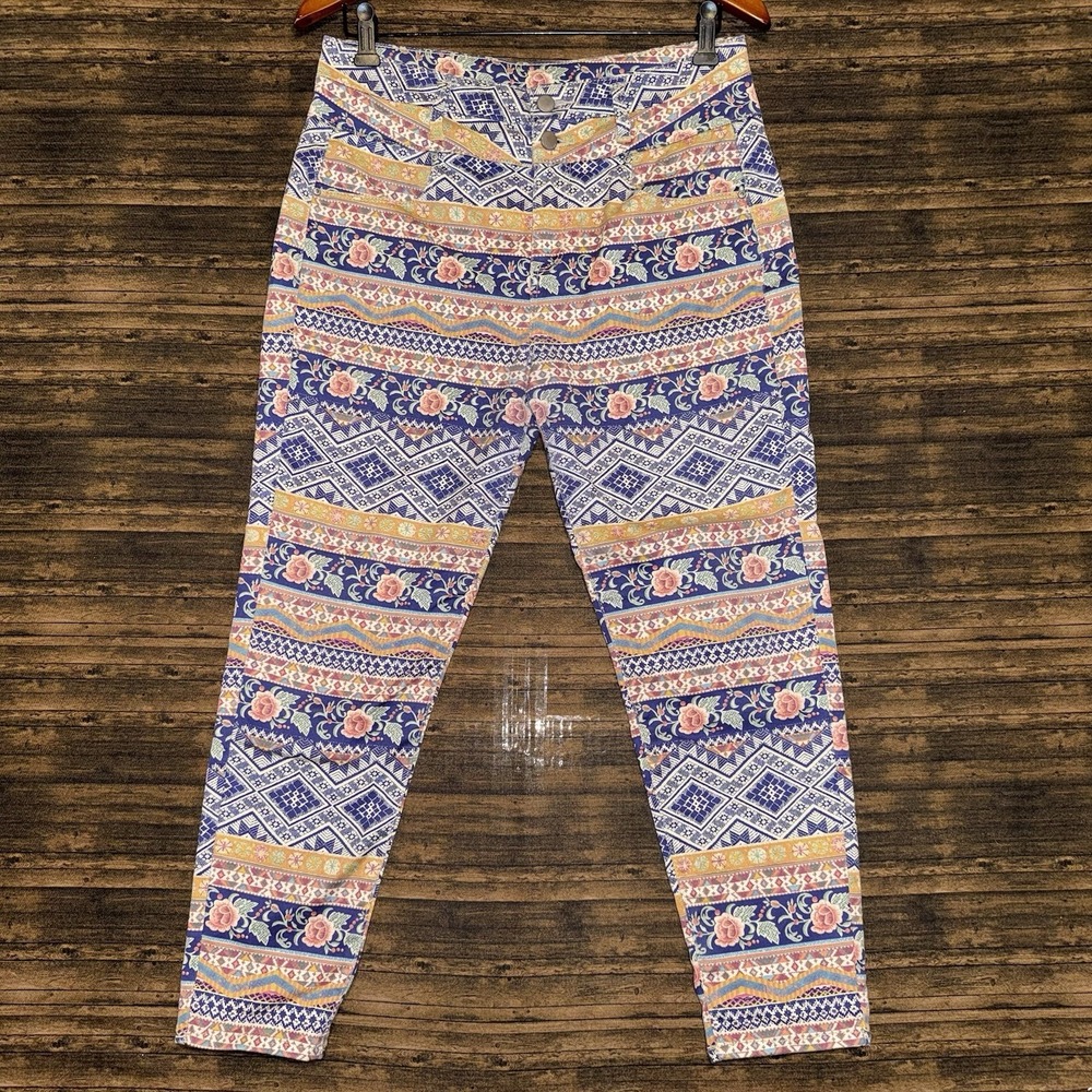 Tinseltown Denim Couture Floral Geometric Pants Women's Size 9 Cotton Blend